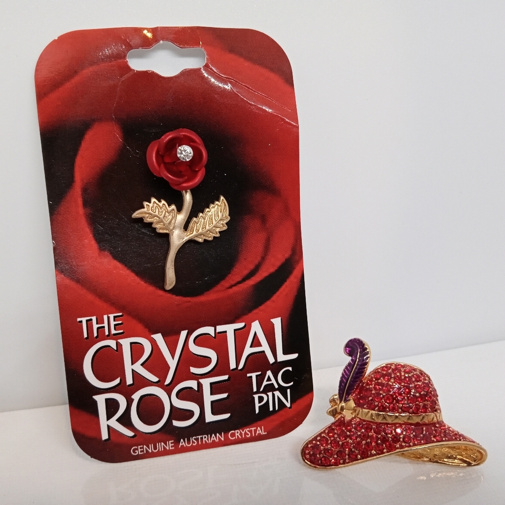 2 Vtg Red Hat Society Rhinestone Brooch/Austrian Crystal Rose Tac Pin Gold Tone